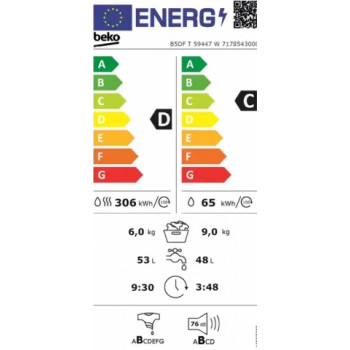 Cтирально-сушильная машина Beko B5DFT59447W, 6 кг, 1400 об/мин, D, Белый